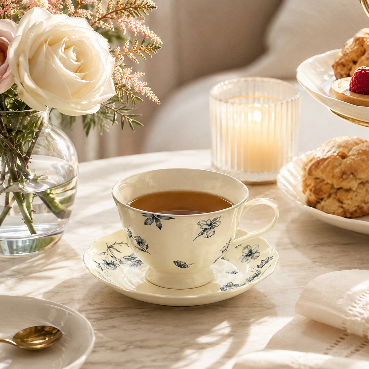 Blue Floral Ceramic Coffee Cup and Saucer Set