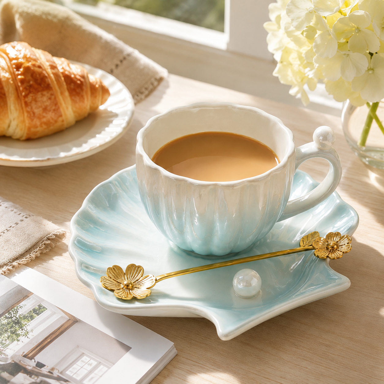 Gradient Blue Pearl Shell Ceramic Coffee Cup & Saucer Set