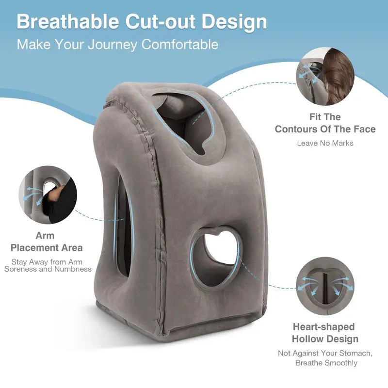 Travel pillow showing face opening, arm openings and breathable cut-out structure