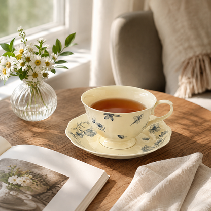 Blue Floral Ceramic Coffee Cup and Saucer Set