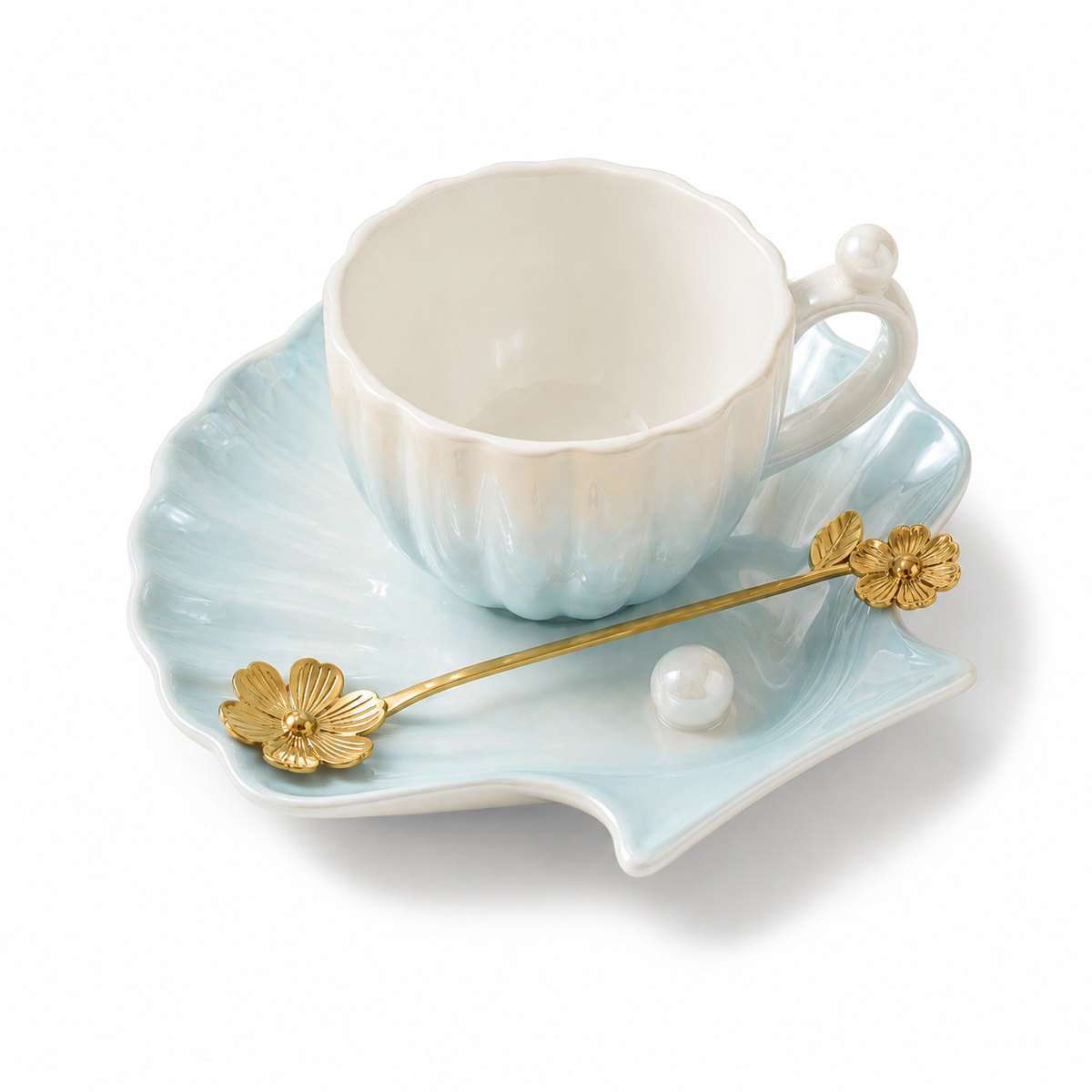 Gradient Blue Pearl Shell Ceramic Coffee Cup & Saucer Set