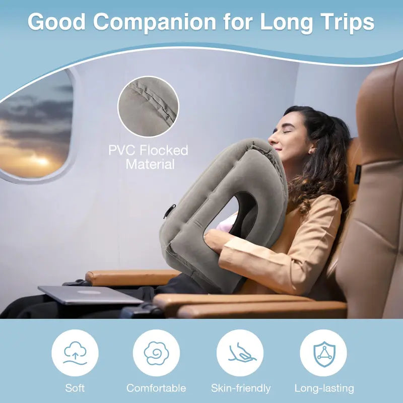 PVC flocked travel pillow shown in a long trip seating environment
