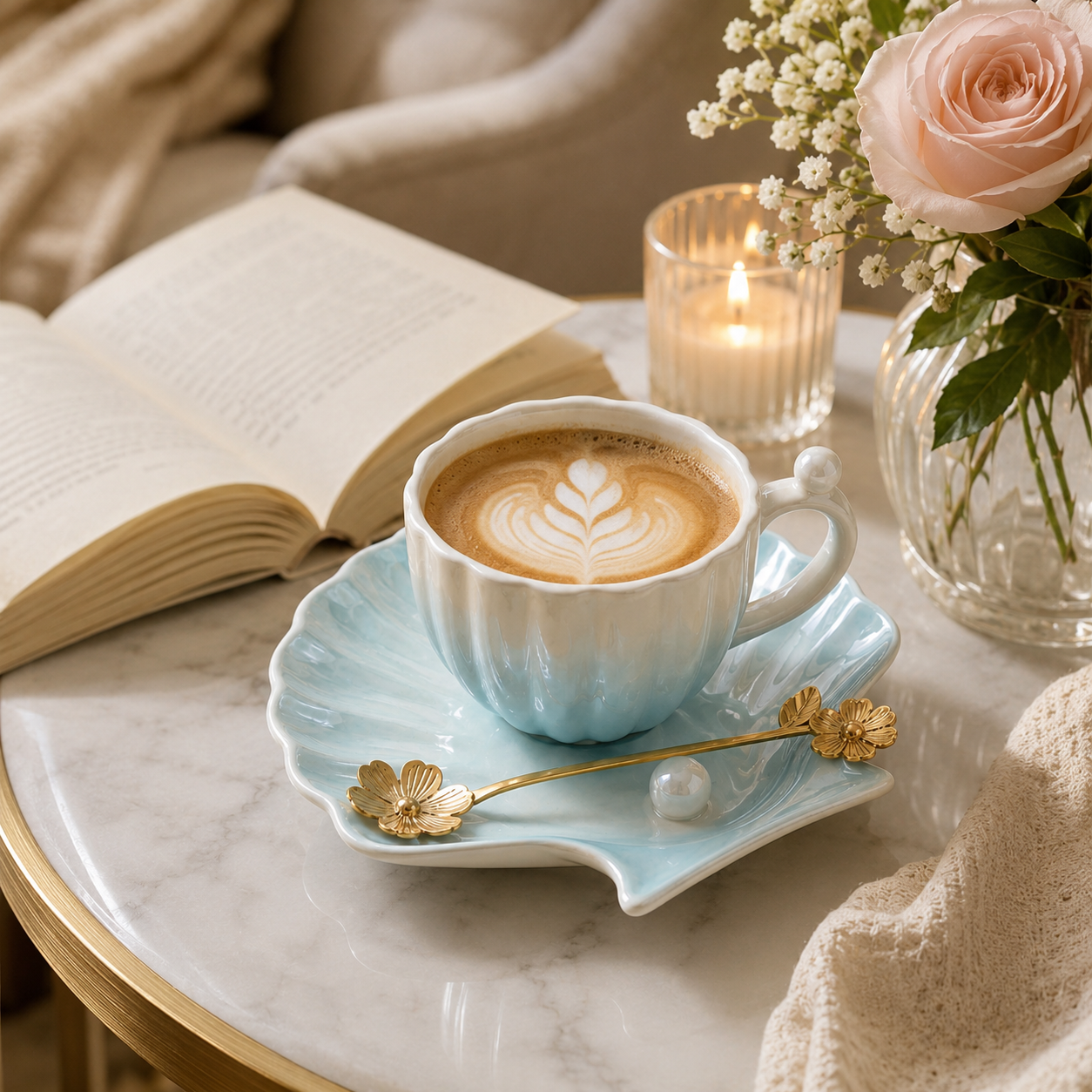 Gradient Blue Pearl Shell Ceramic Coffee Cup & Saucer Set