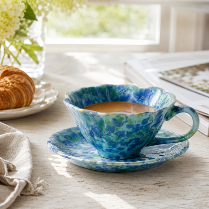 Blue Floral Ceramic Coffee Cup and Saucer Set