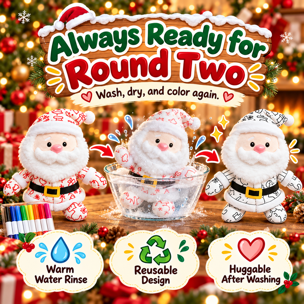 Christmas DIY Color-In Santa Plush Kit – Washable & Reusable