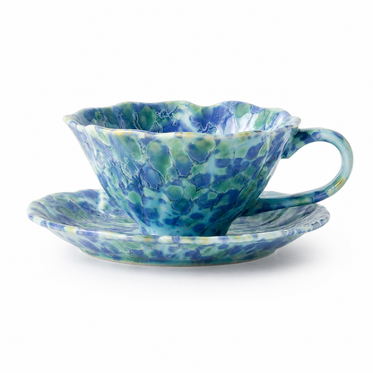 Blue Floral Ceramic Coffee Cup and Saucer Set