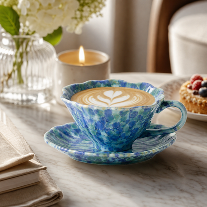 Blue Floral Ceramic Coffee Cup and Saucer Set
