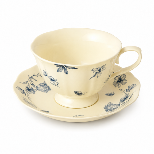 Blue Floral Ceramic Coffee Cup and Saucer Set