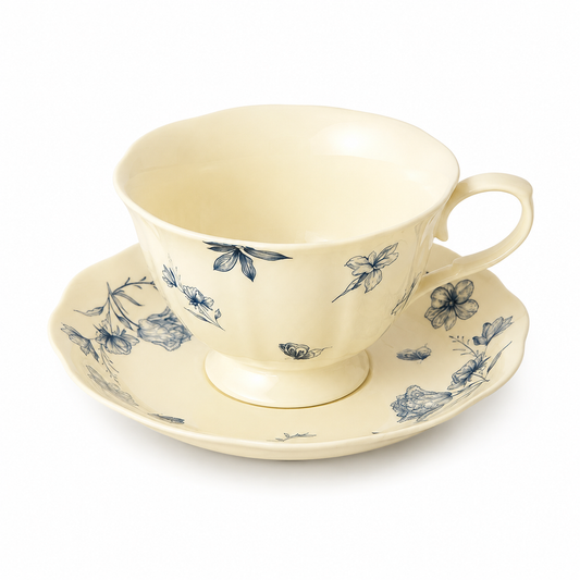 Blue Floral Ceramic Coffee Cup and Saucer Set